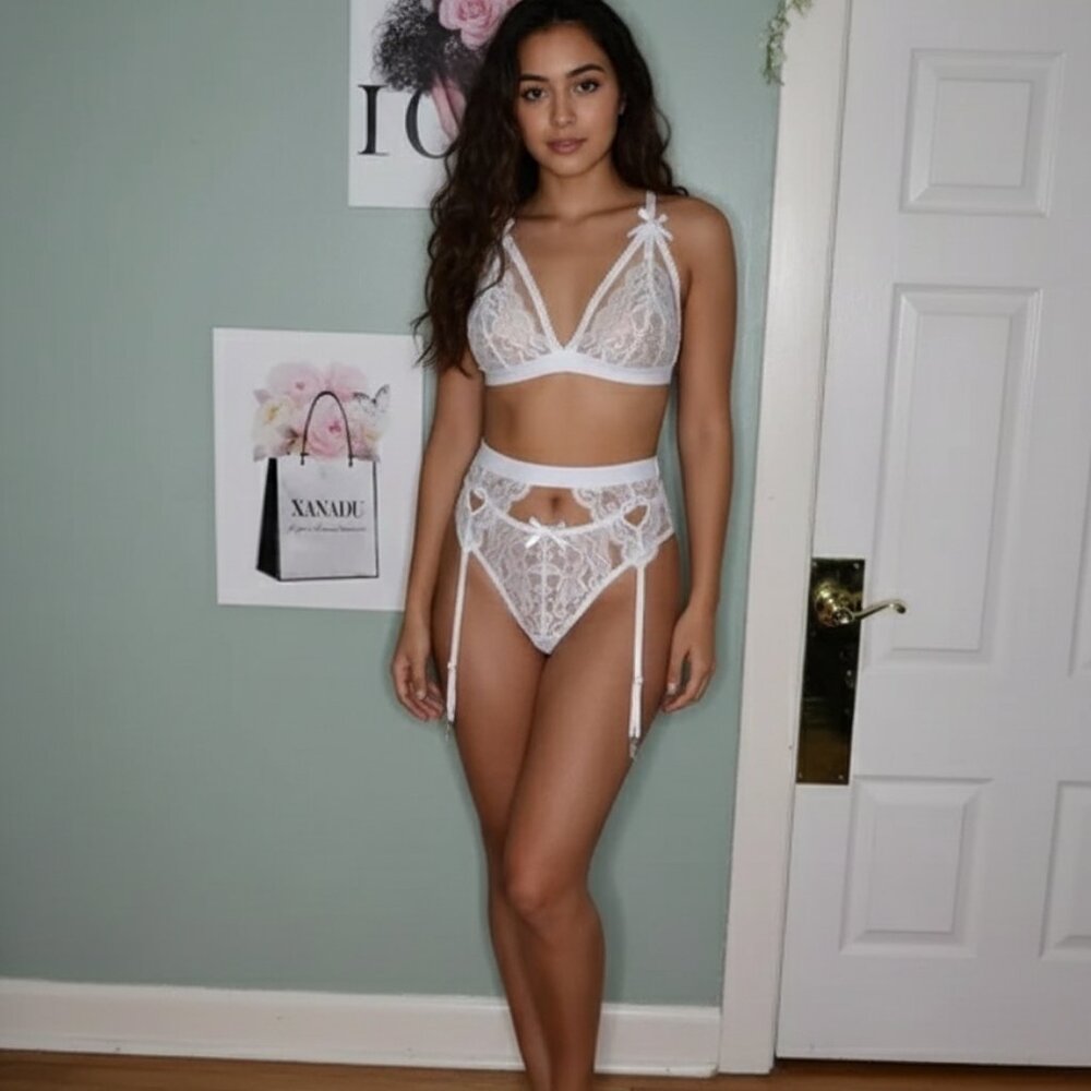 3 Piece Lace Lingerie Set Sexy Bra and Panties with Garter Belt